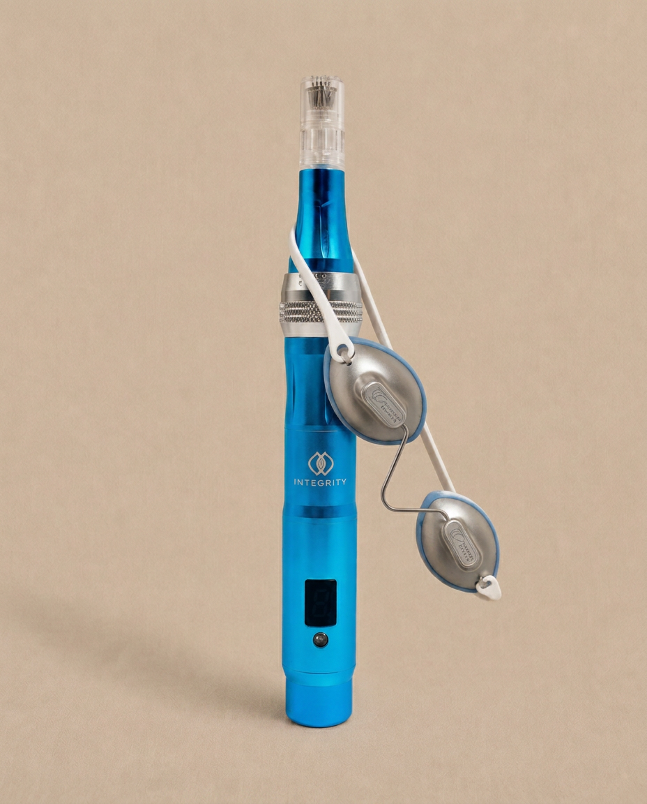 Microneedling pen and protective eyewear on a beige background