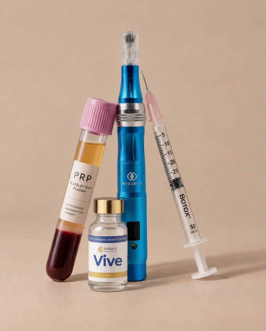 PRP vial, microneedling pen, exosome vial, and syringe used for hair loss treatment