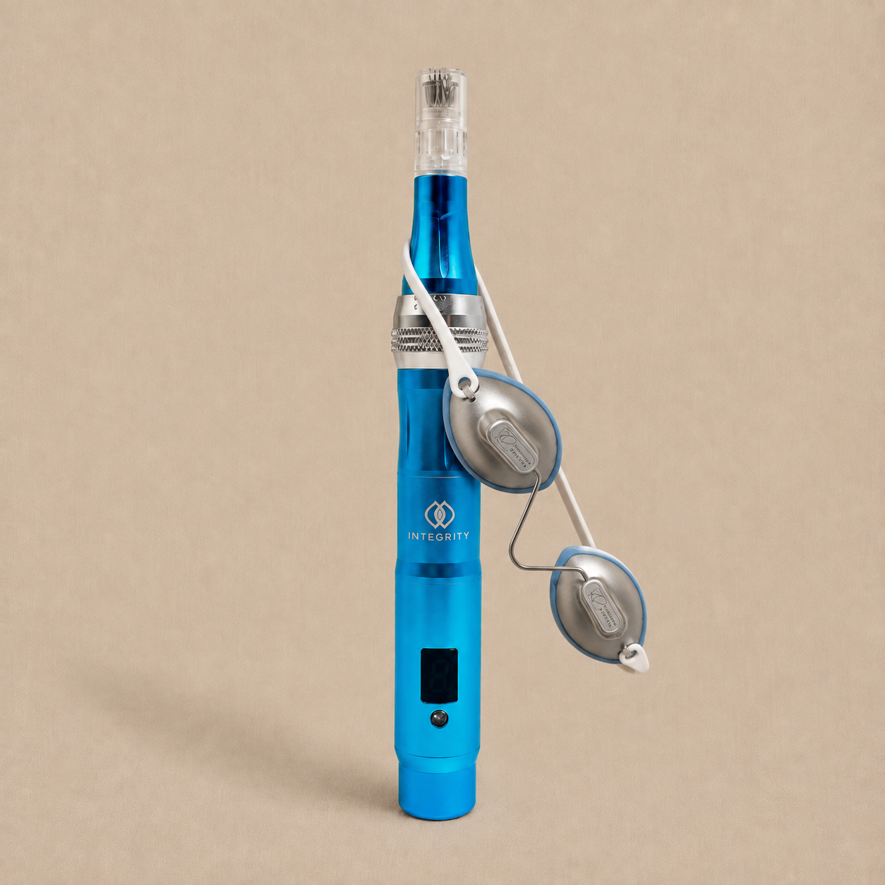 Microneedling pen and protective goggles used in a GlowUp Duo treatment