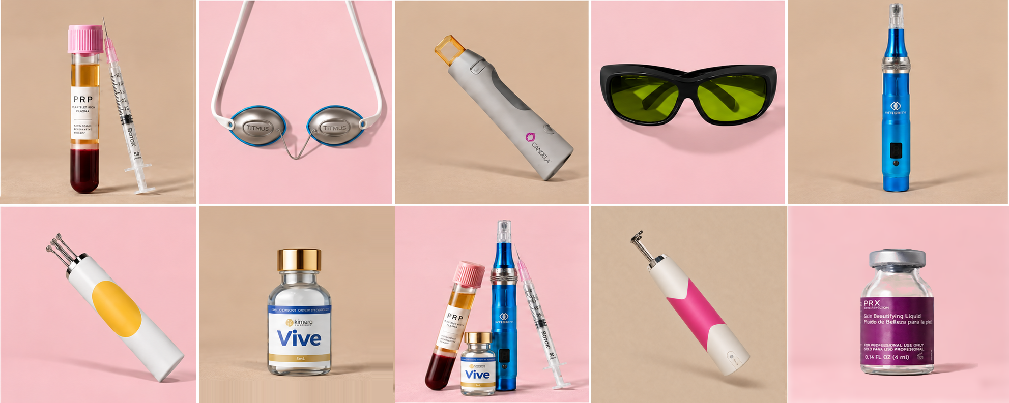 A grid of Get Glowing MedSpa treatment devices and products on alternating pink and beige panels
